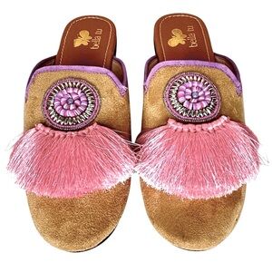 Bella Tu Tan bushed Suede Fabric Mules w/Pink Embellishments Sz 7